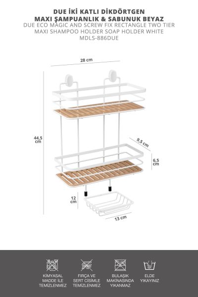 Okyanus Home  2 Fonksiyonlu Beyaz Due İki Katlı Dikdörtgen Maxi Şampuanlık Yapıştırma\Vidalama Seçenekli