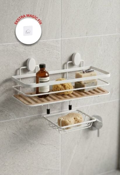 Okyanus Home 2 Fonksiyonlu Beyaz Due Tek Katlı Dikdörtgen Maxi Şampuanlık Yapıştırma\Vidalama Seçenekli