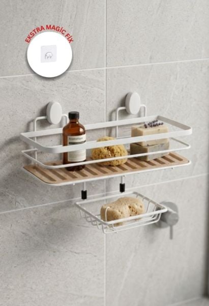 Okyanus Home 2 Fonksiyonlu Beyaz Due Tek Katlı Dikdörtgen Maxi Şampuanlık Yapıştırma\Vidalama Seçenekli