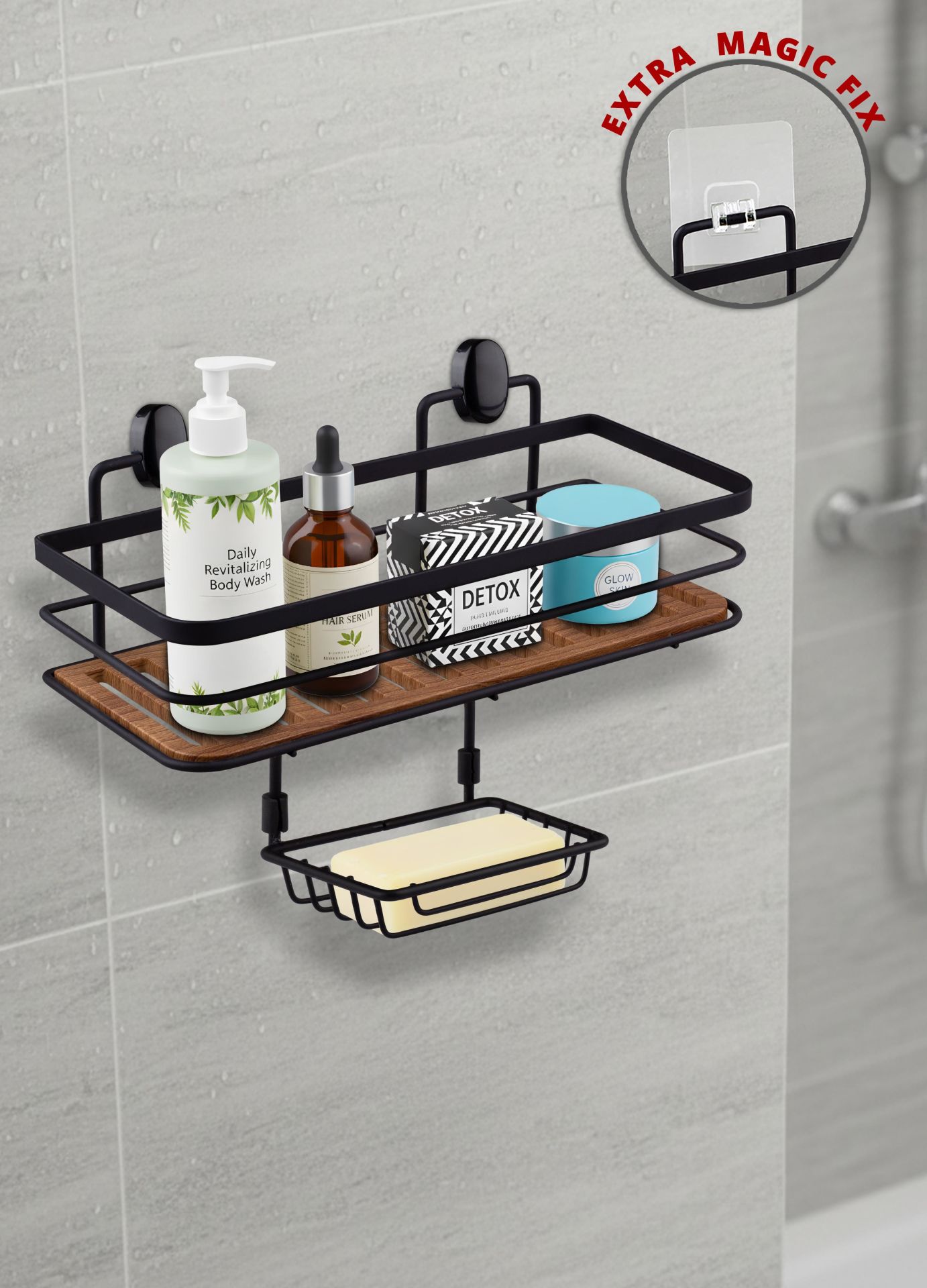 Okyanus Home  2 Fonksiyonlu Siyah Ahşap Dikdörtgen Maxi Şampuanlık Yapıştırma\Vidalama Seçenekli