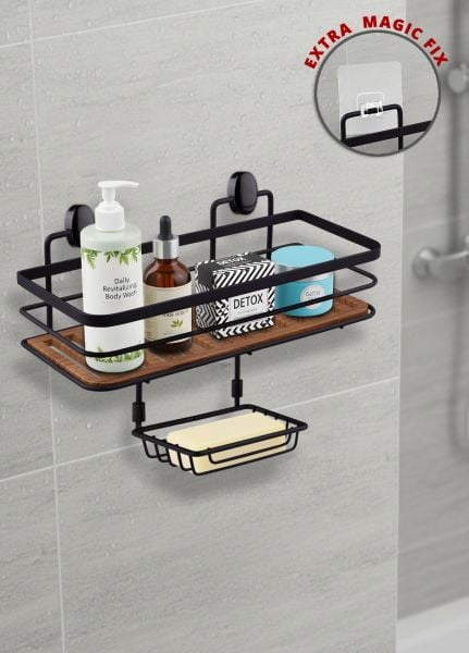 Okyanus Home  2 Fonksiyonlu Siyah Ahşap Dikdörtgen Maxi Şampuanlık Yapıştırma\Vidalama Seçenekli