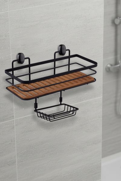 Okyanus Home  2 Fonksiyonlu Siyah Ahşap Dikdörtgen Maxi Şampuanlık Yapıştırma\Vidalama Seçenekli