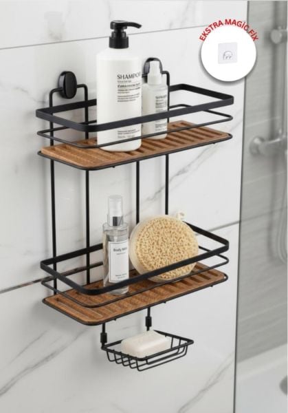 Okyanus Home 2 Fonksiyonlu Siyah Ahşap 2 Katlı Dikdörtgen Maxi Şampuanlık Yapıştırma\Vidalama Seçenekli