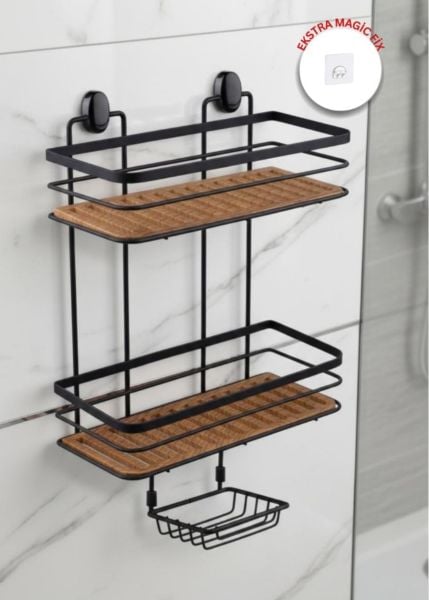 Okyanus Home 2 Fonksiyonlu Siyah Ahşap 2 Katlı Dikdörtgen Maxi Şampuanlık Yapıştırma\Vidalama Seçenekli