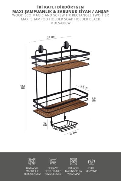 Okyanus Home 2 Fonksiyonlu Siyah Ahşap 2 Katlı Dikdörtgen Maxi Şampuanlık Yapıştırma\Vidalama Seçenekli