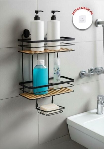 2 Fonksiyonlu Siyah Due İki Katlı Dikdörtgen Maxi Şampuanlık Yapıştırma\Vidalama Seçenekli