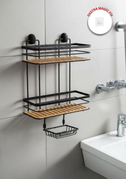 2 Fonksiyonlu Siyah Due İki Katlı Dikdörtgen Maxi Şampuanlık Yapıştırma\Vidalama Seçenekli