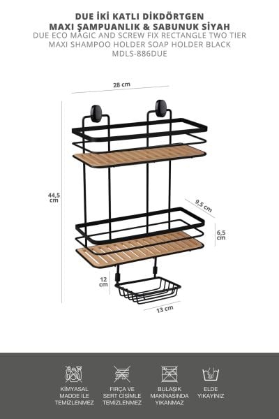 2 Fonksiyonlu Siyah Due İki Katlı Dikdörtgen Maxi Şampuanlık Yapıştırma\Vidalama Seçenekli