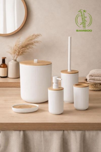 Okyanus Home Linea Bambu Detaylı Beyaz 5'li Banyo Seti