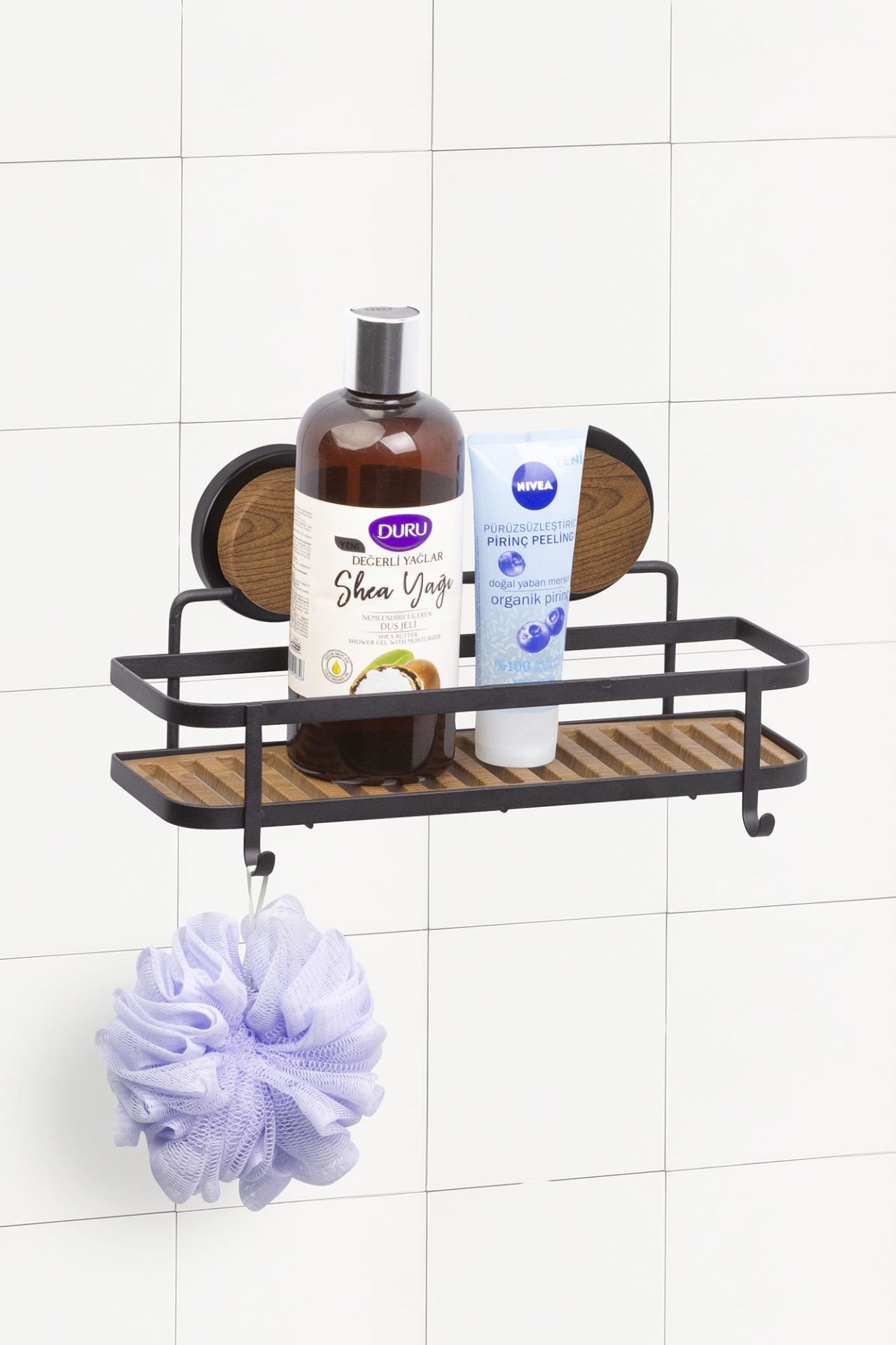 Okyanus Home Siyah Magic Fix Elegans Lamalı Ahşap Desenli Kancalı Dikdörtgen Banyo Rafı