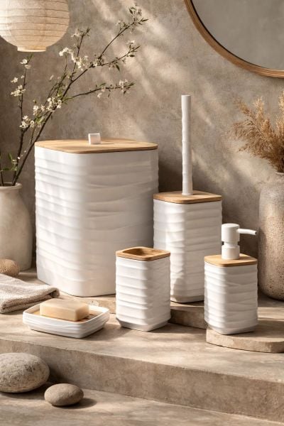 Okyanus Home Luna Beyaz Bambu Detaylı 7LT 5'li Banyo Seti