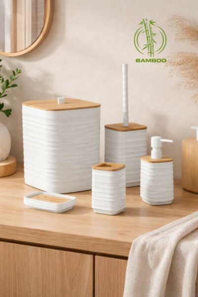 Okyanus Home Luna Beyaz Bambu Detaylı 7LT 5'li Banyo Seti