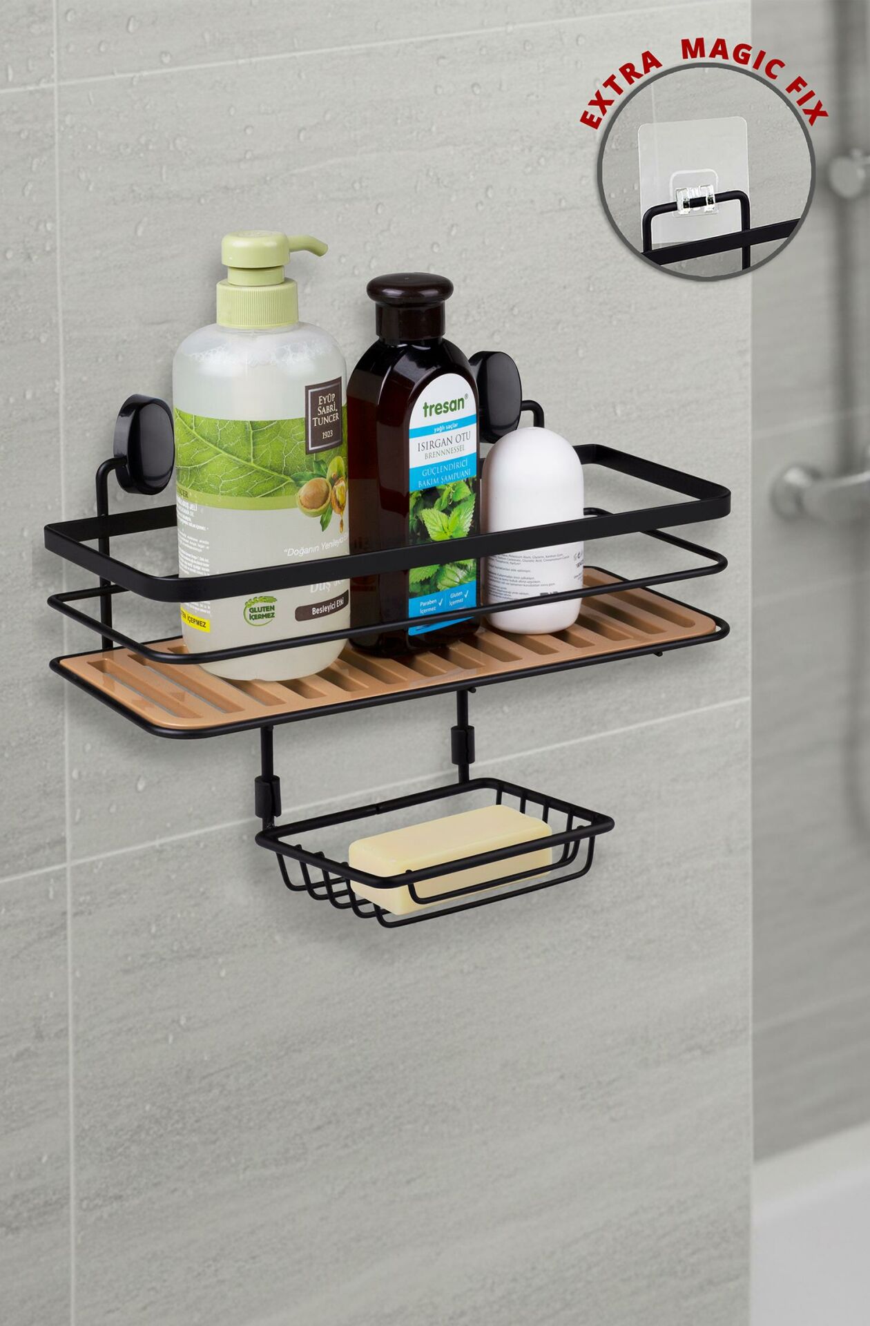 Okyanus Home 2 Fonksiyonlu Siyah Due Tek Katlı Dikdörtgen Maxi Şampuanlık Yapıştırma\Vidalama Seçenekli