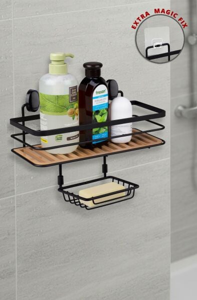 Okyanus Home 2 Fonksiyonlu Siyah Due Tek Katlı Dikdörtgen Maxi Şampuanlık Yapıştırma\Vidalama Seçenekli