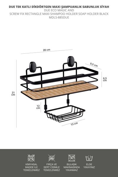 Okyanus Home 2 Fonksiyonlu Siyah Due Tek Katlı Dikdörtgen Maxi Şampuanlık Yapıştırma\Vidalama Seçenekli