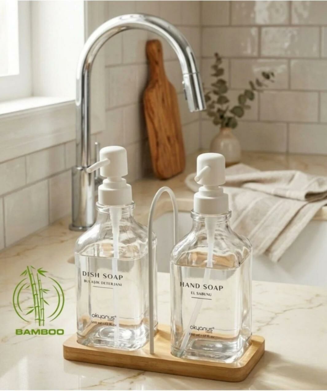 Okyanus Home Bambu Tepsili İkili Cam Sıvı Sabunluk ve Deterjanlık 500 Ml