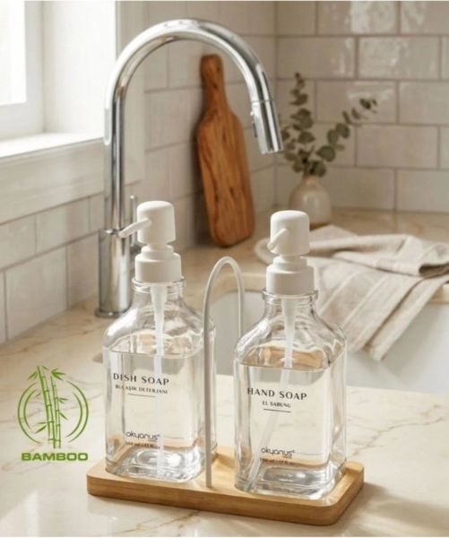 Okyanus Home Bambu Tepsili İkili Cam Sıvı Sabunluk ve Deterjanlık 500 Ml