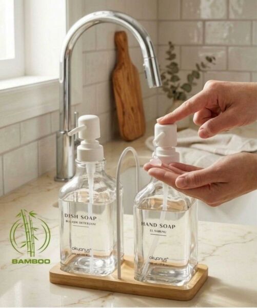 Okyanus Home Bambu Tepsili İkili Cam Sıvı Sabunluk ve Deterjanlık 500 Ml