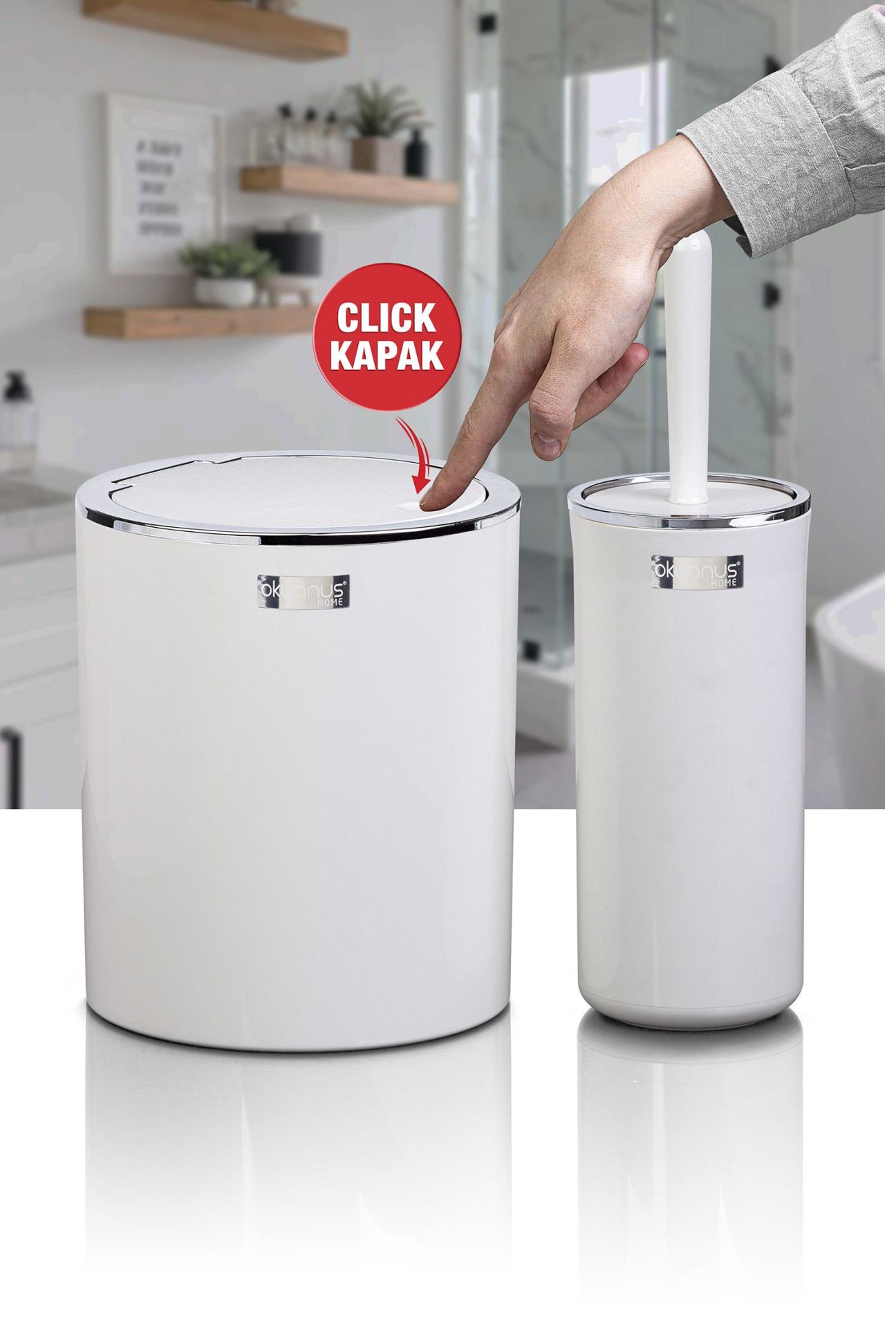 Okyanus Home Beyaz Kromlu Yuvarlak 2'li Wc Kova ve Fırça Seti