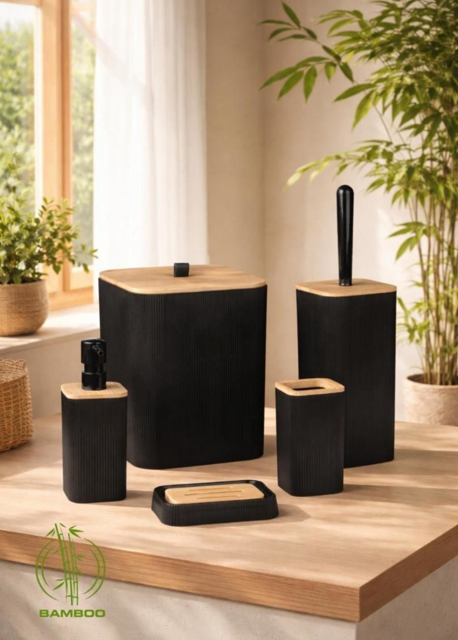 Okyanus Home Mina Siyah Bambu Kare 5'li Banyo Seti