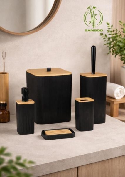 Okyanus Home Mina Siyah Bambu Kare 5'li Banyo Seti