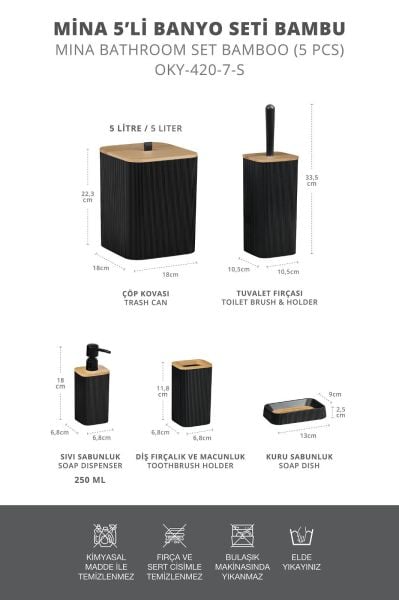 Okyanus Home Mina Siyah Bambu Kare 5'li Banyo Seti