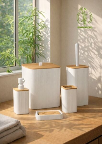 Okyanus Home Mina Beyaz Bambu Kare 5'li Banyo Seti