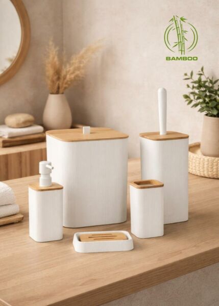Okyanus Home Mina Beyaz Bambu Kare 5'li Banyo Seti