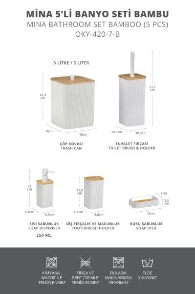Okyanus Home Mina Beyaz Bambu Kare 5'li Banyo Seti