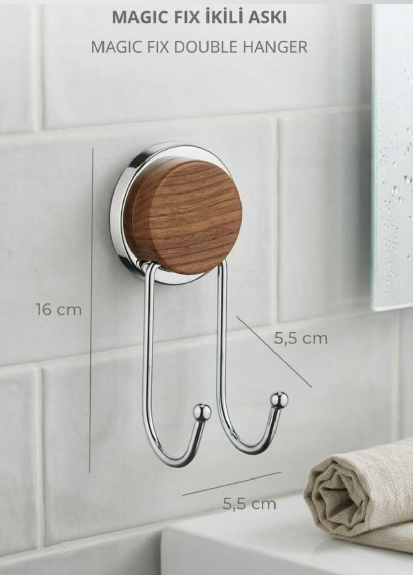 Okyanus Home Ahşap Desenli Magic Fix Sihirli Yapışkan Krom İkili Askı
