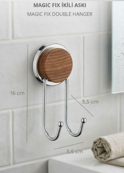 Okyanus Home Ahşap Desenli Magic Fix Sihirli Yapışkan Krom İkili Askı