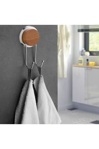 Okyanus Home Ahşap Desenli Magic Fix Sihirli Yapışkan Krom İkili Askı