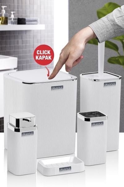 Okyanus Home Stella Beyaz Kromlu Çizgili Kare 5'li Banyo Seti