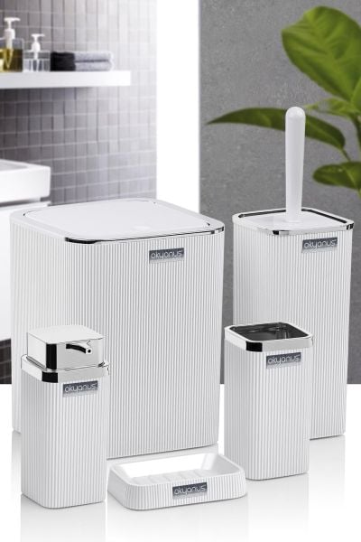 Okyanus Home Stella Beyaz Kromlu Çizgili Kare 5'li Banyo Seti