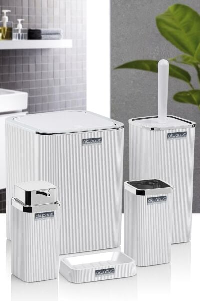 Okyanus Home Stella Beyaz Kromlu Çizgili Kare 5'li Banyo Seti