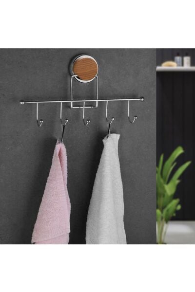 Okyanus Home Ahşap Desenli Magic Fix Sihirli Yapışkan Krom 5'li Askı