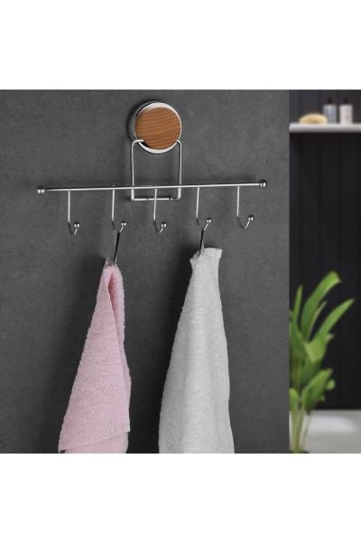 Okyanus Home Ahşap Desenli Magic Fix Sihirli Yapışkan Krom 5'li Askı