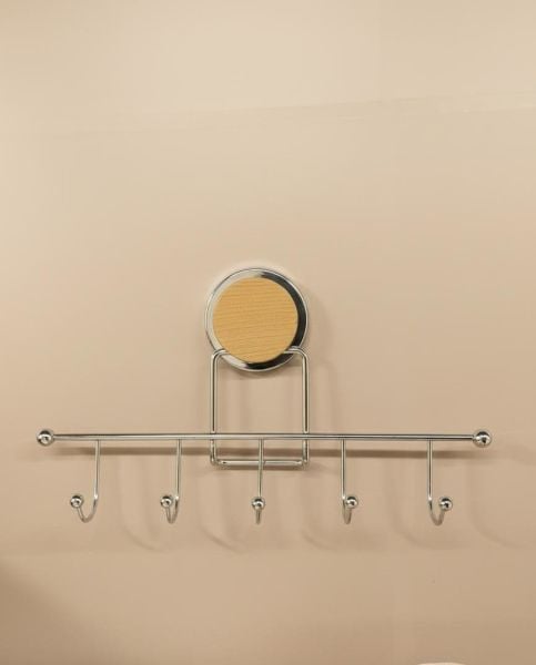 Okyanus Home Ahşap Desenli Magic Fix Sihirli Yapışkan Krom 5'li Askı