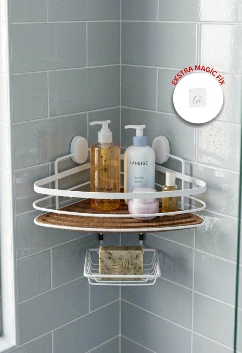 Okyanus Home Ahşap Detaylı Tek Katlı Beyaz Üçgen Şampuanlık & Sabunluk 21 cm