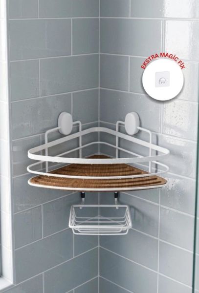 Okyanus Home Ahşap Detaylı Tek Katlı Beyaz Üçgen Şampuanlık & Sabunluk 21 cm