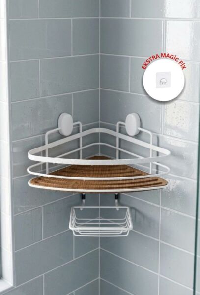 Okyanus Home Ahşap Detaylı Tek Katlı Beyaz Üçgen Şampuanlık & Sabunluk 21 cm