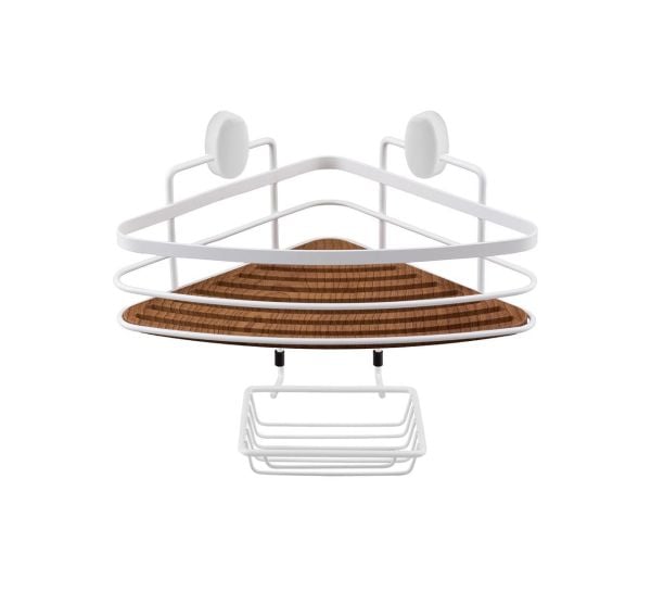 Okyanus Home Ahşap Detaylı Tek Katlı Beyaz Üçgen Şampuanlık & Sabunluk 21 cm