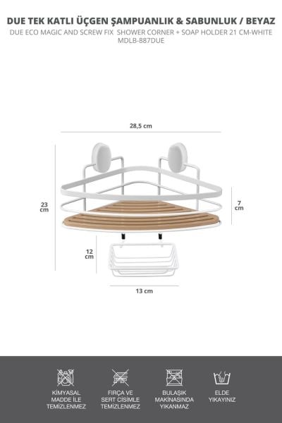 Okyanus Home Ahşap Detaylı Tek Katlı Beyaz Üçgen Şampuanlık & Sabunluk 21 cm