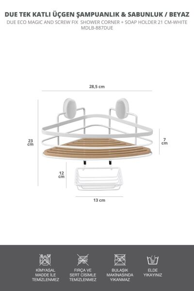 Okyanus Home Ahşap Detaylı Tek Katlı Beyaz Üçgen Şampuanlık & Sabunluk 21 cm