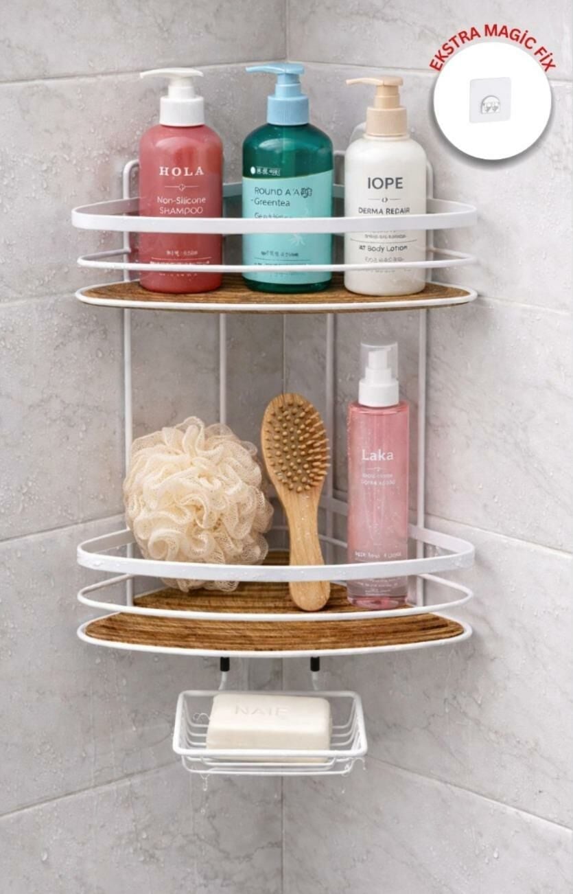 Okyanus Home İki Katlı Ahşap detaylı Üçgen Şampuanlık & Sabunluk 21 cm