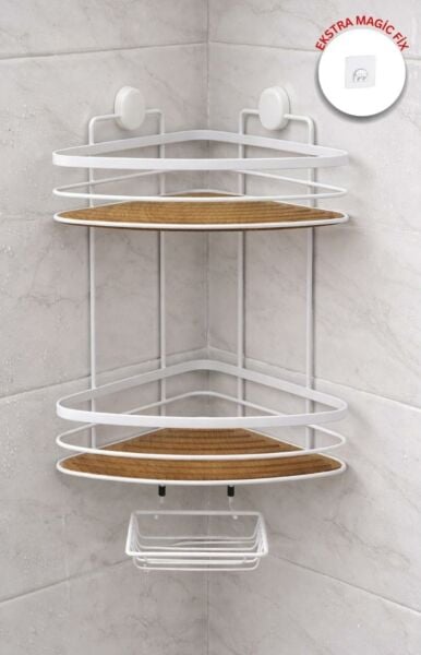 Okyanus Home İki Katlı Ahşap detaylı Üçgen Şampuanlık & Sabunluk 21 cm