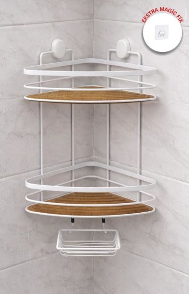 Okyanus Home İki Katlı Ahşap detaylı Üçgen Şampuanlık & Sabunluk 21 cm