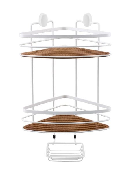 Okyanus Home İki Katlı Ahşap detaylı Üçgen Şampuanlık & Sabunluk 21 cm