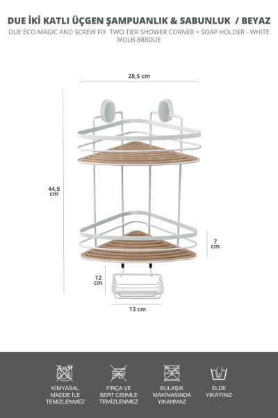 Okyanus Home İki Katlı Ahşap detaylı Üçgen Şampuanlık & Sabunluk 21 cm