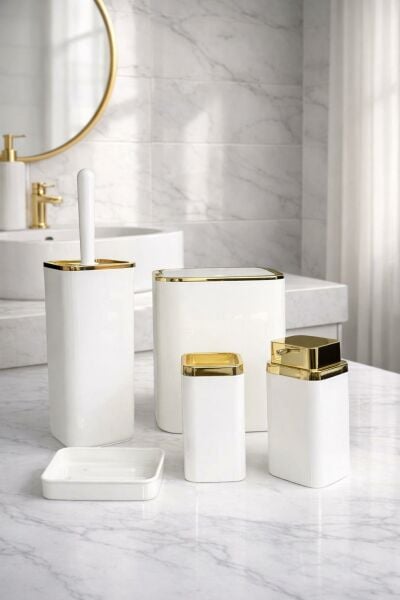Okyanus Home Gold Kare Kırık Beyaz 5'li Banyo Seti